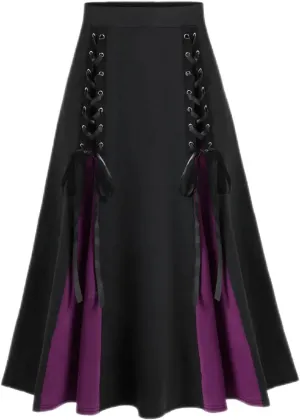 Womens Vintage Gothic Skirt Lace Up Patchwork Skirts High Waist Steampunk Medieval Pleated Color Block A-Line Dress