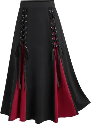 Womens Vintage Gothic Skirt Lace Up Patchwork Skirts High Waist Steampunk Medieval Pleated Color Block A-Line Dress