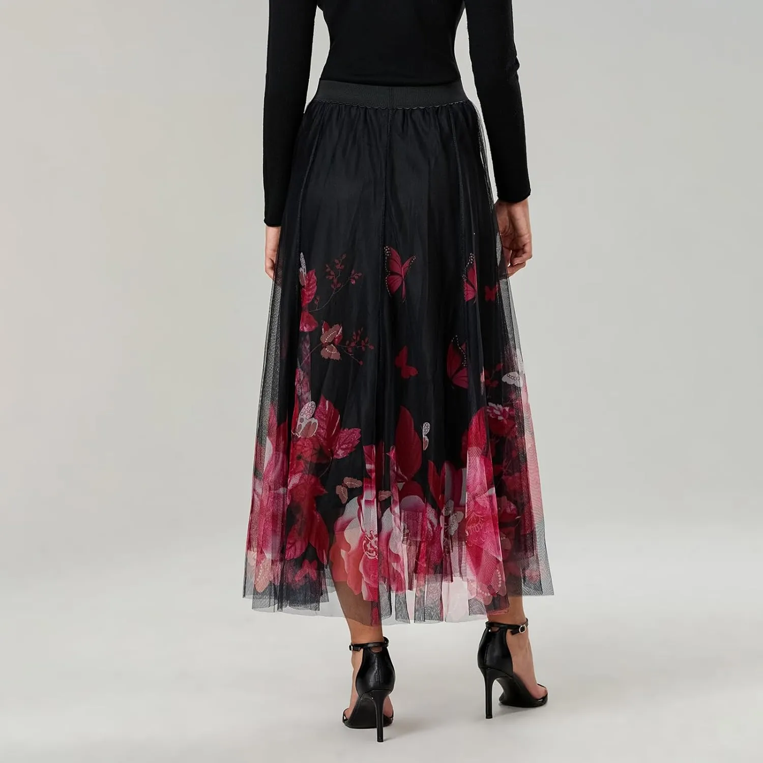 Women's Vintage Mesh Skirts Floral Butterfly Print Tulle Flared A-Line Pleated Midi Skirts High Waist Flowy Skirt
