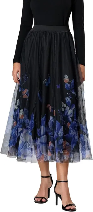 Women's Vintage Mesh Skirts Floral Butterfly Print Tulle Flared A-Line Pleated Midi Skirts High Waist Flowy Skirt