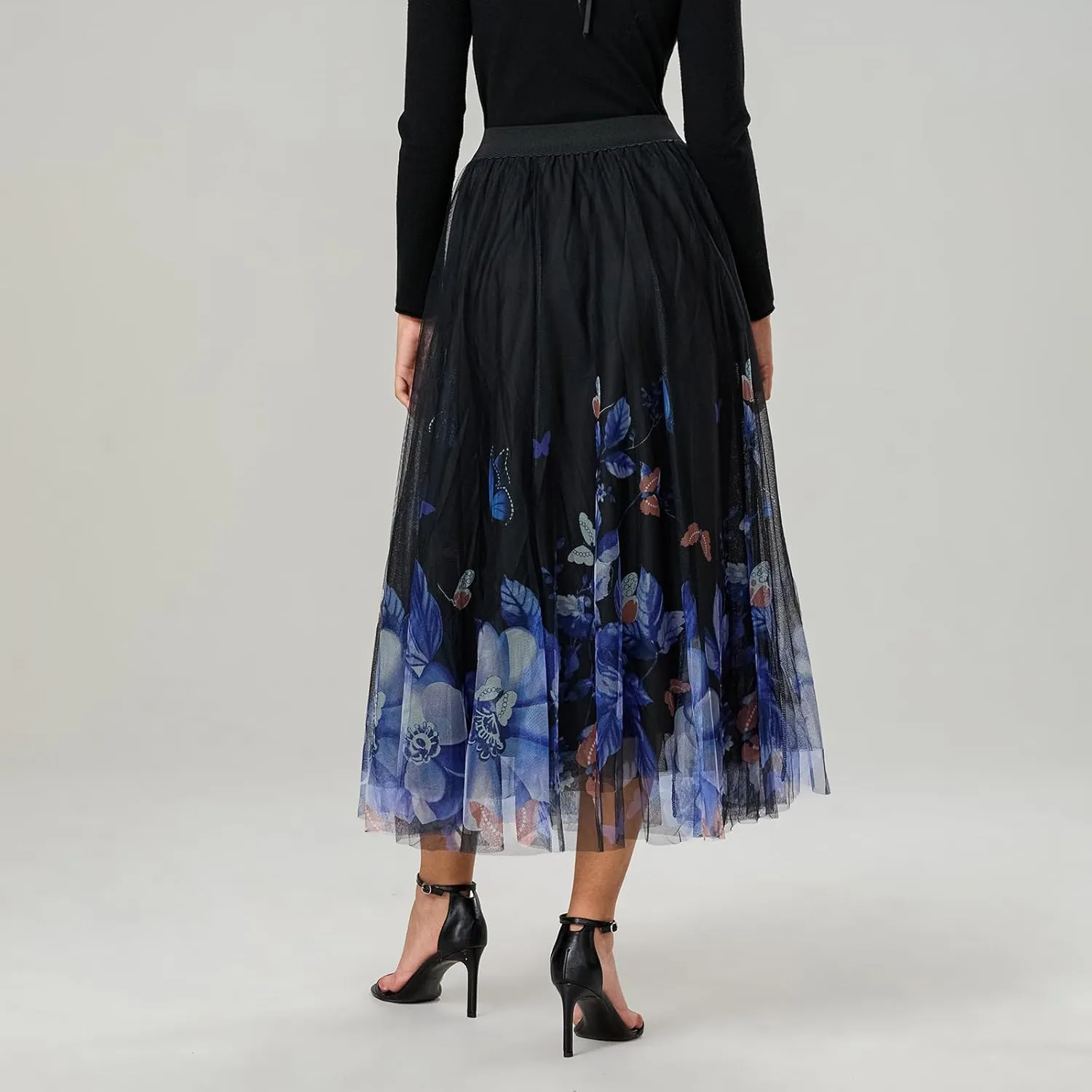 Women's Vintage Mesh Skirts Floral Butterfly Print Tulle Flared A-Line Pleated Midi Skirts High Waist Flowy Skirt