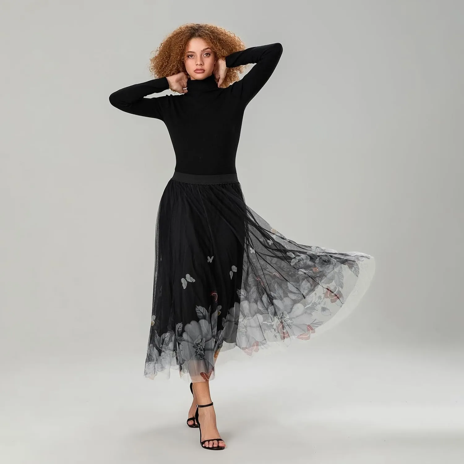 Women's Vintage Mesh Skirts Floral Butterfly Print Tulle Flared A-Line Pleated Midi Skirts High Waist Flowy Skirt
