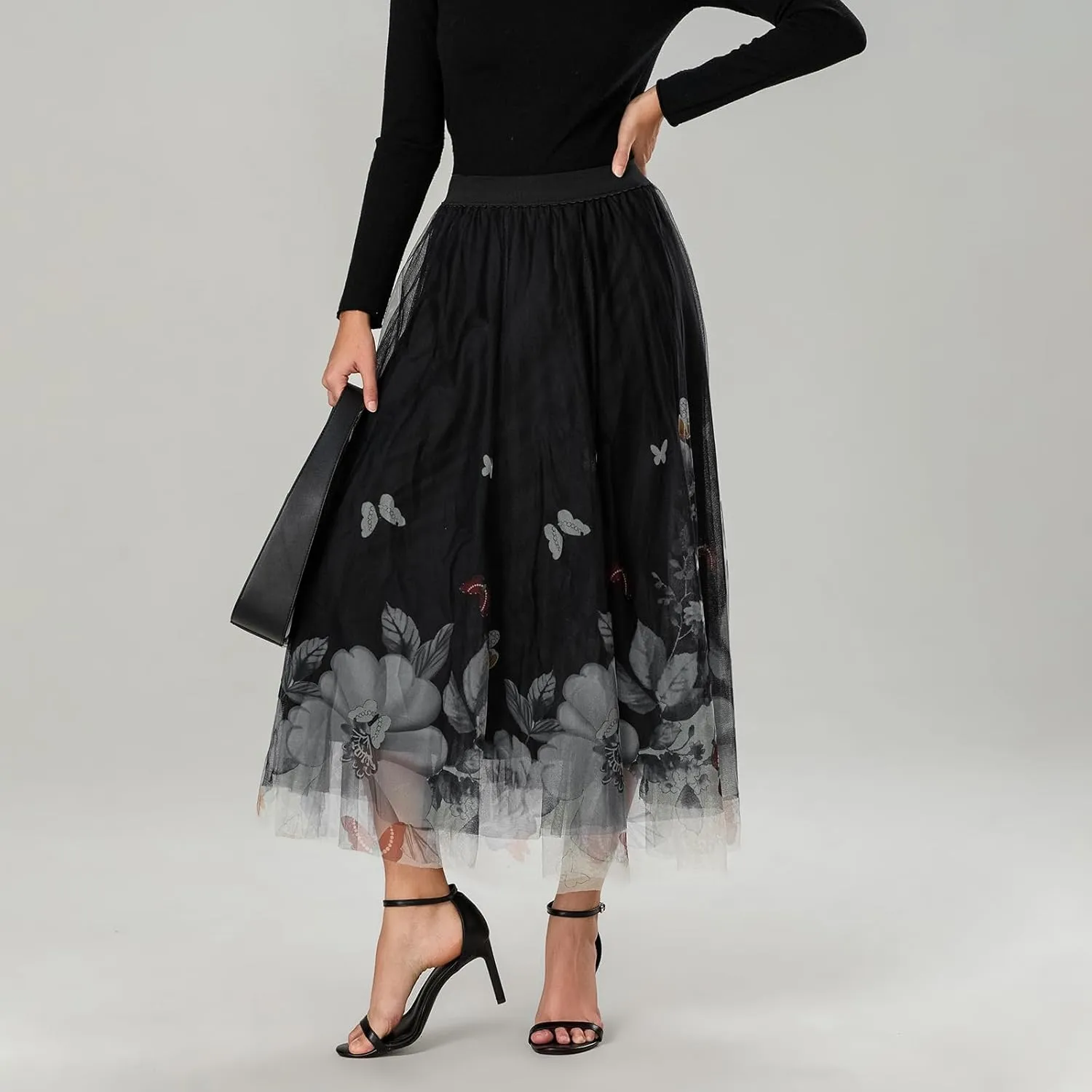 Women's Vintage Mesh Skirts Floral Butterfly Print Tulle Flared A-Line Pleated Midi Skirts High Waist Flowy Skirt