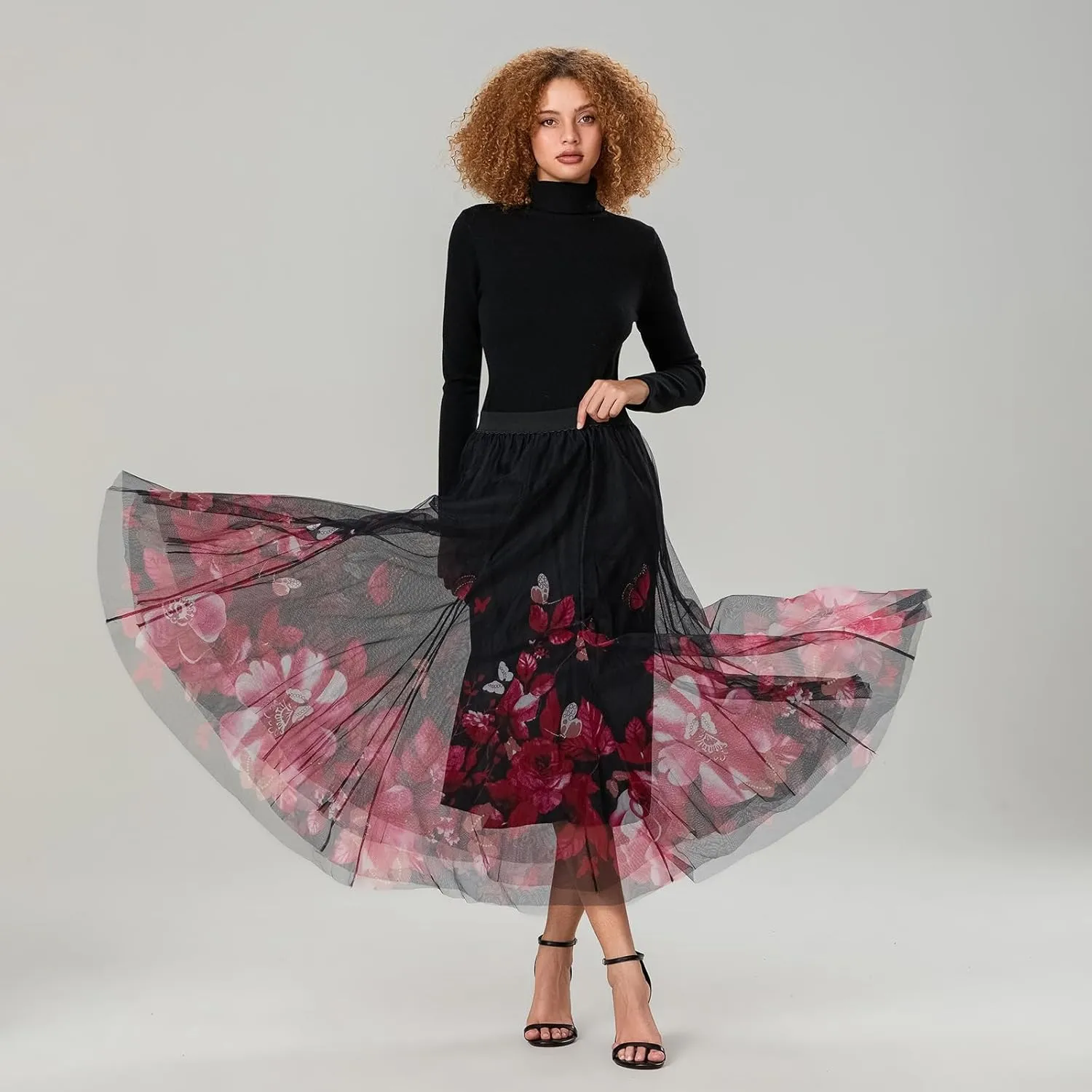 Women's Vintage Mesh Skirts Floral Butterfly Print Tulle Flared A-Line Pleated Midi Skirts High Waist Flowy Skirt