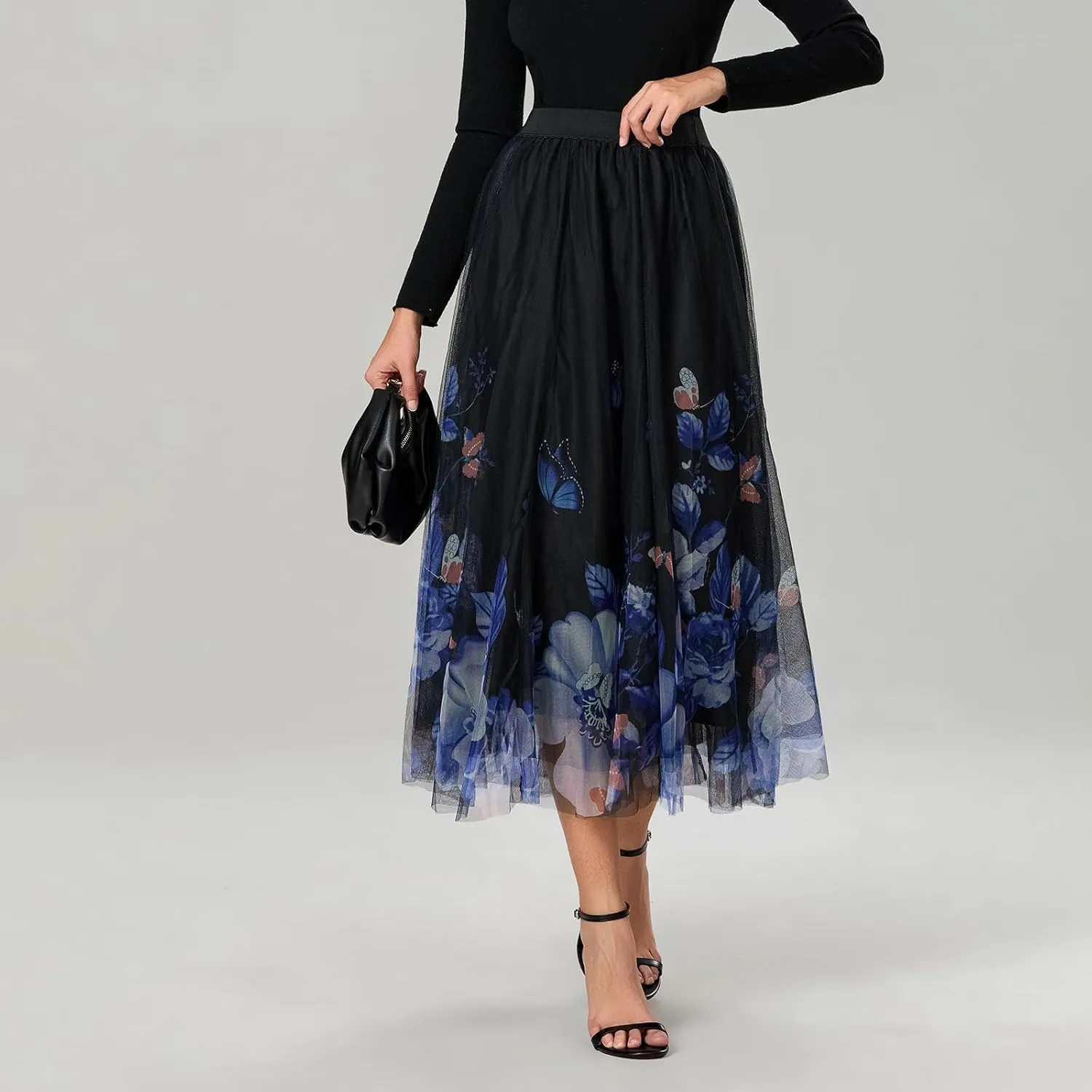 Women's Vintage Mesh Skirts Floral Butterfly Print Tulle Flared A-Line Pleated Midi Skirts High Waist Flowy Skirt
