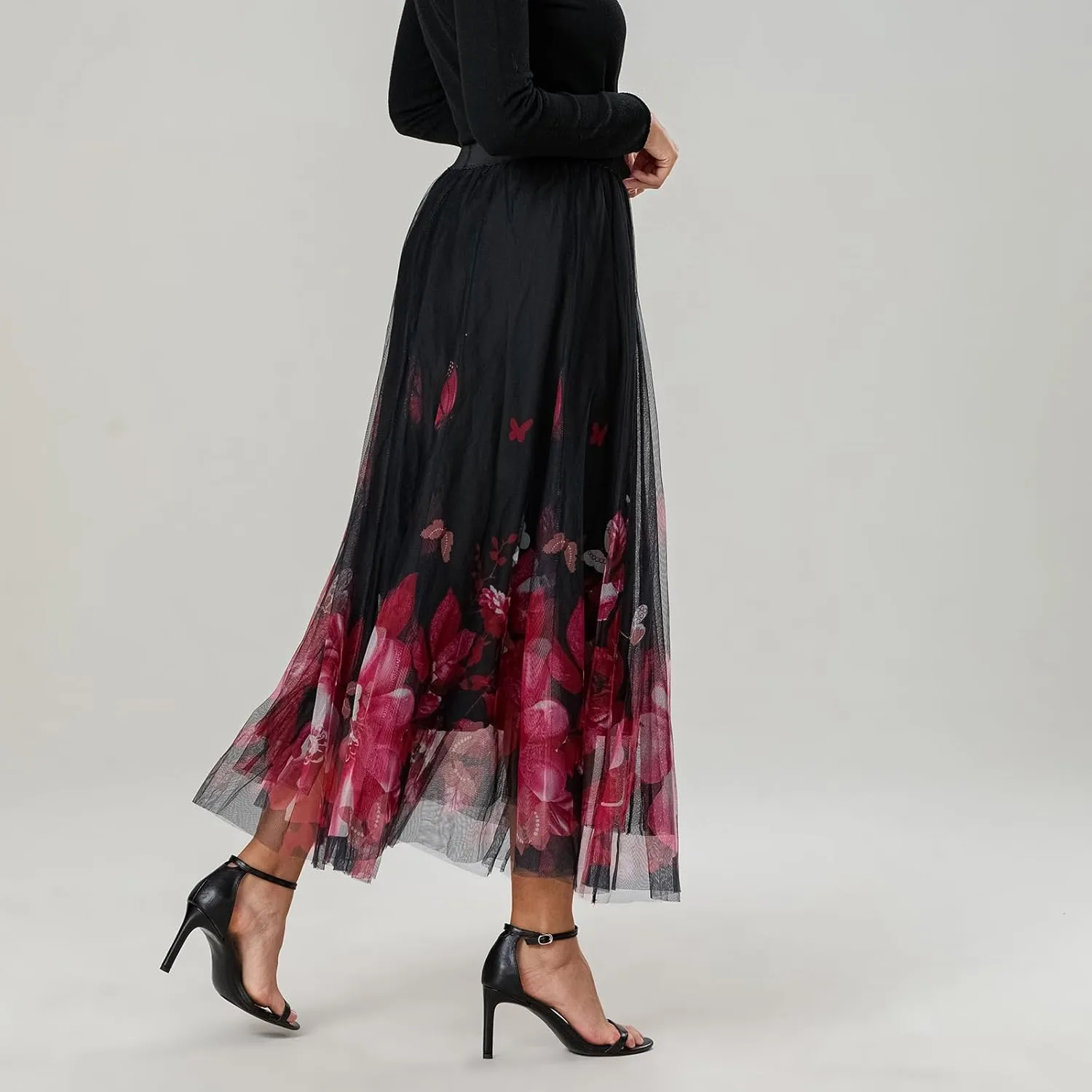 Women's Vintage Mesh Skirts Floral Butterfly Print Tulle Flared A-Line Pleated Midi Skirts High Waist Flowy Skirt