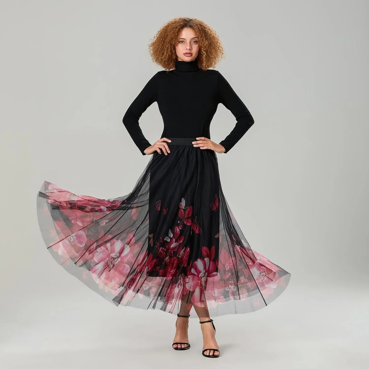Women's Vintage Mesh Skirts Floral Butterfly Print Tulle Flared A-Line Pleated Midi Skirts High Waist Flowy Skirt