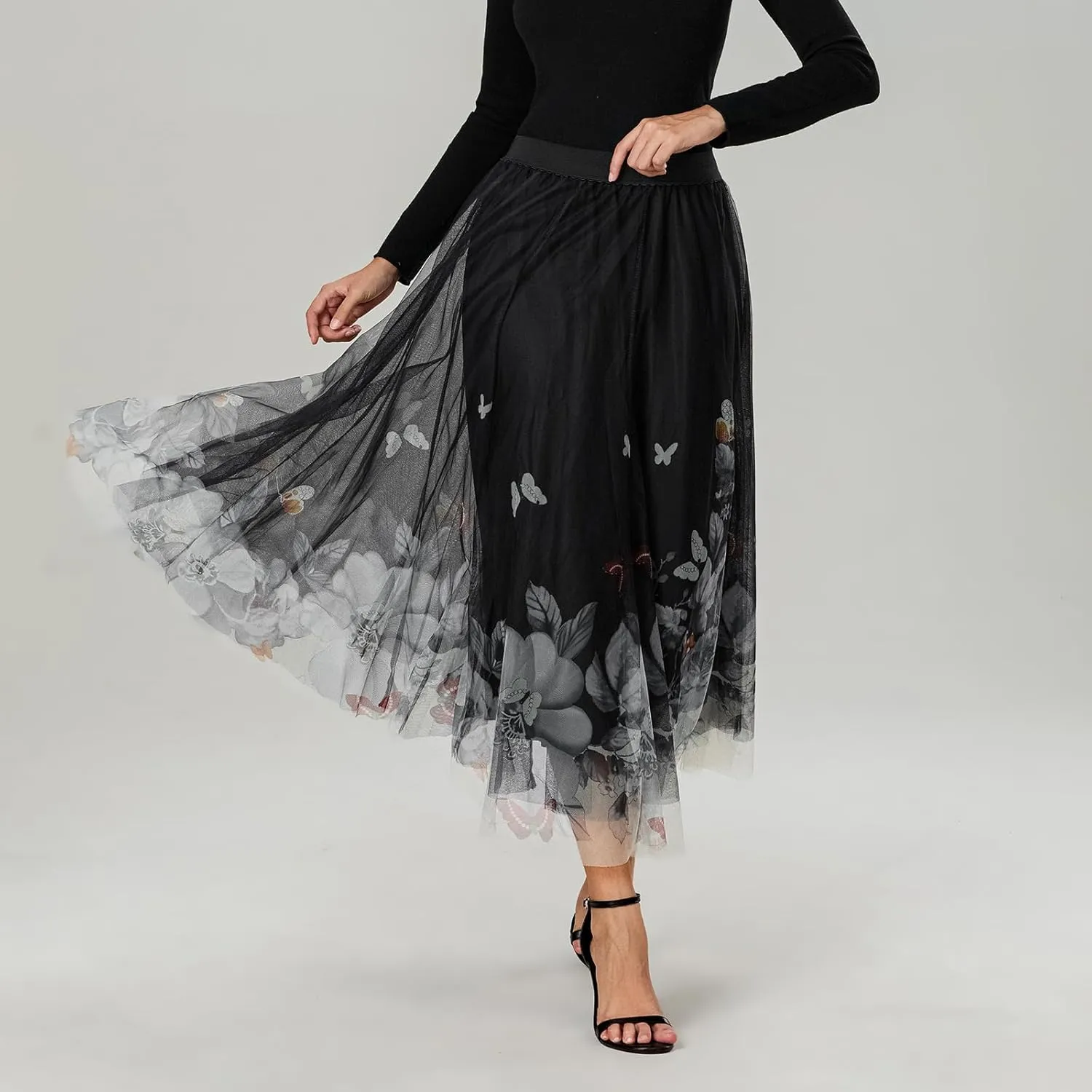 Women's Vintage Mesh Skirts Floral Butterfly Print Tulle Flared A-Line Pleated Midi Skirts High Waist Flowy Skirt