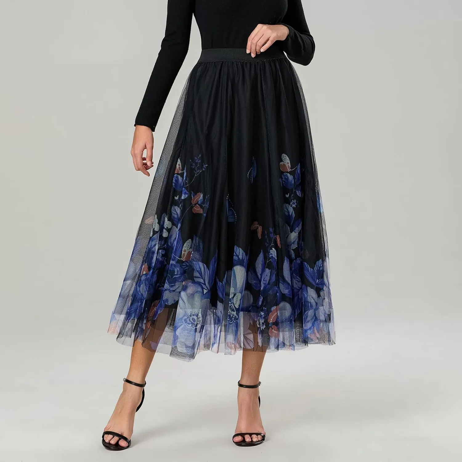 Women's Vintage Mesh Skirts Floral Butterfly Print Tulle Flared A-Line Pleated Midi Skirts High Waist Flowy Skirt