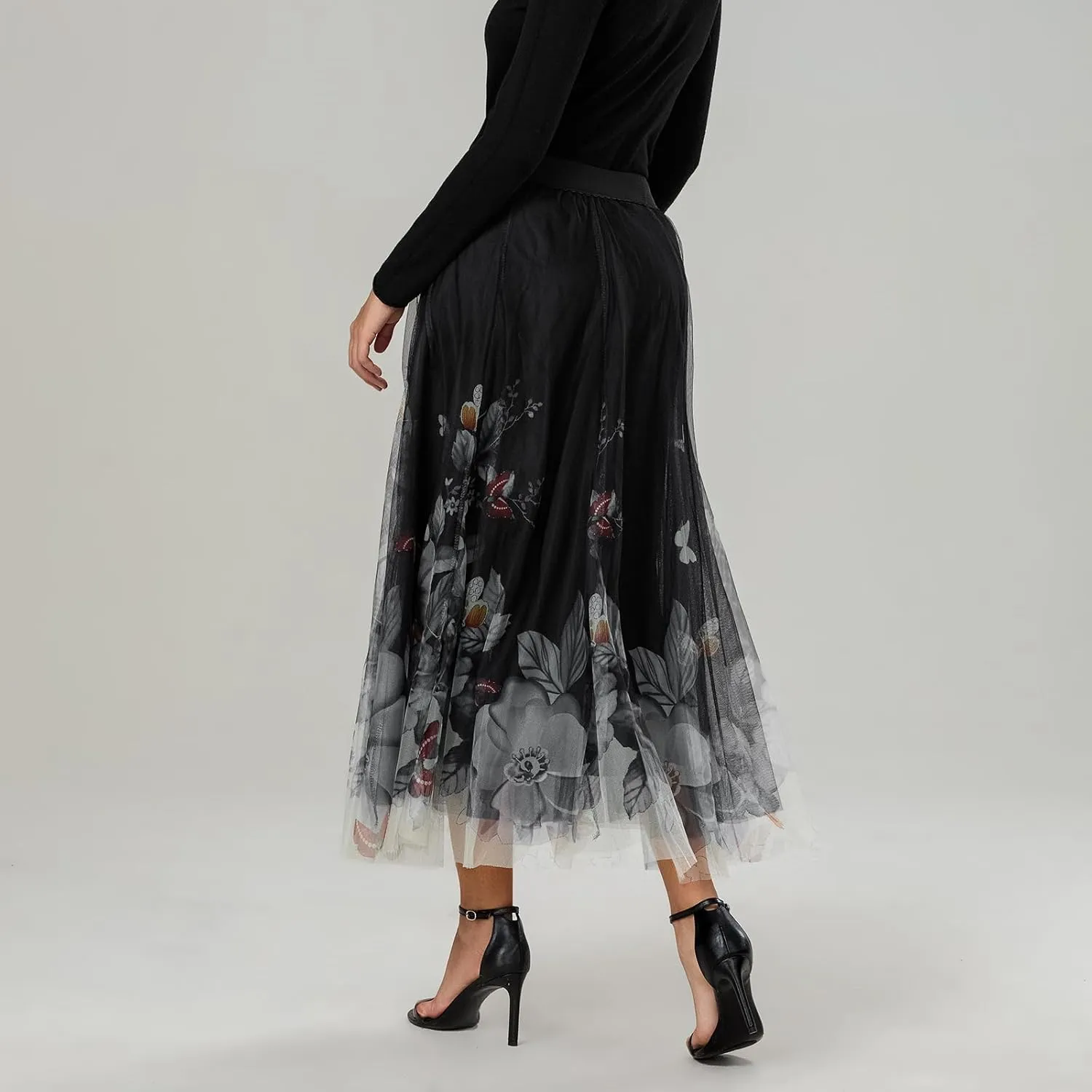 Women's Vintage Mesh Skirts Floral Butterfly Print Tulle Flared A-Line Pleated Midi Skirts High Waist Flowy Skirt
