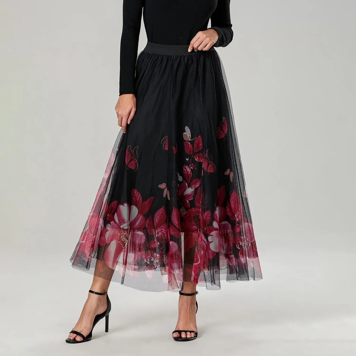 Women's Vintage Mesh Skirts Floral Butterfly Print Tulle Flared A-Line Pleated Midi Skirts High Waist Flowy Skirt