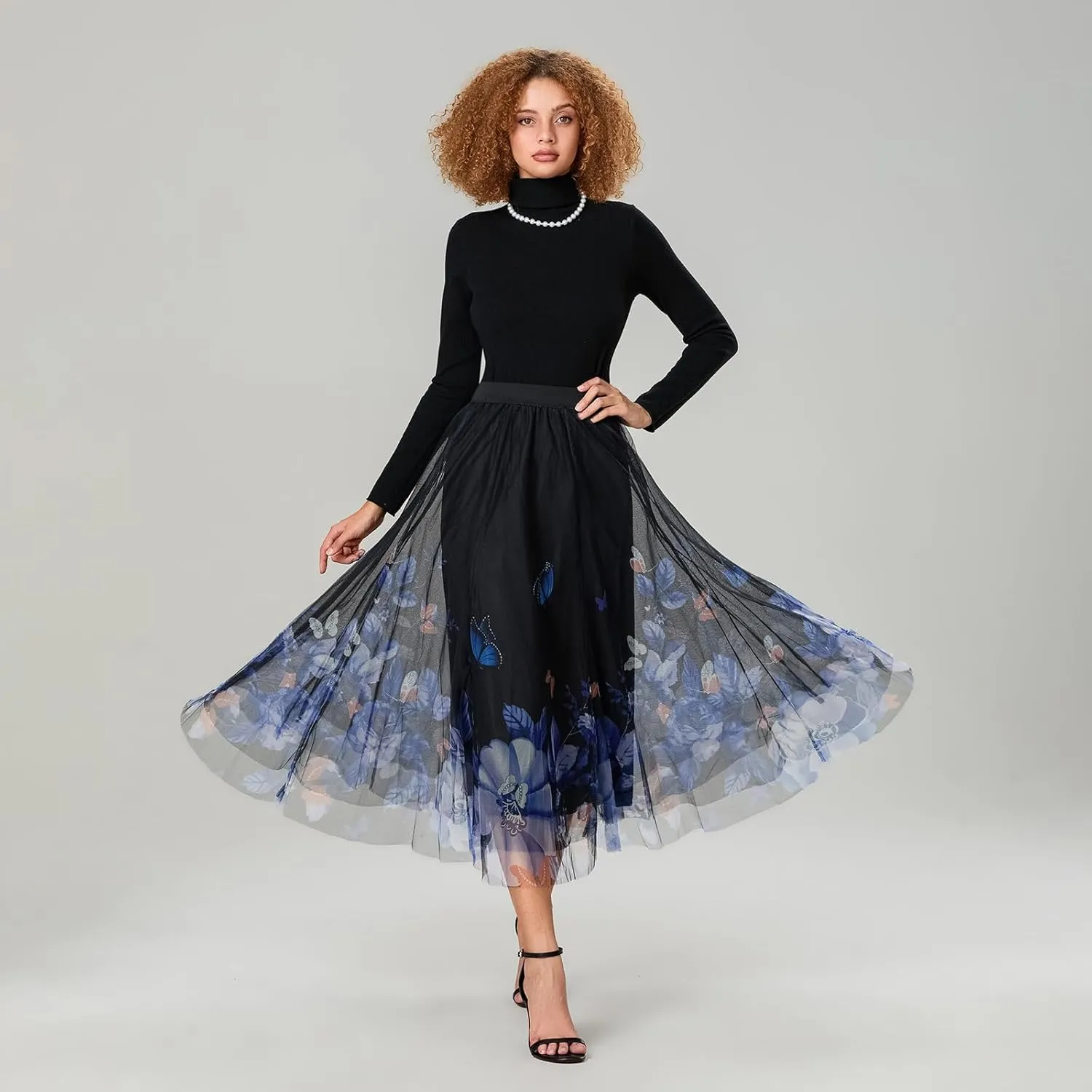 Women's Vintage Mesh Skirts Floral Butterfly Print Tulle Flared A-Line Pleated Midi Skirts High Waist Flowy Skirt