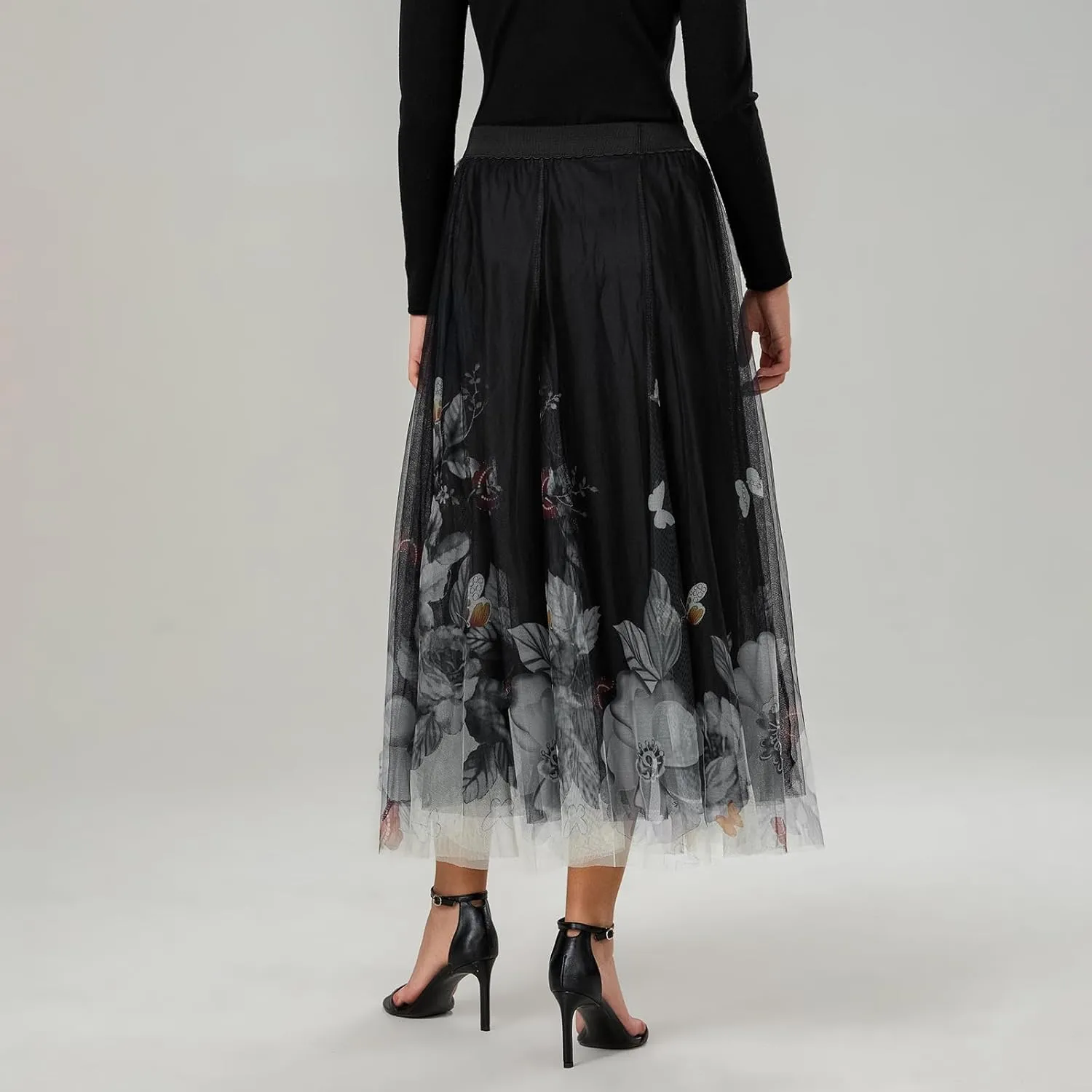Women's Vintage Mesh Skirts Floral Butterfly Print Tulle Flared A-Line Pleated Midi Skirts High Waist Flowy Skirt