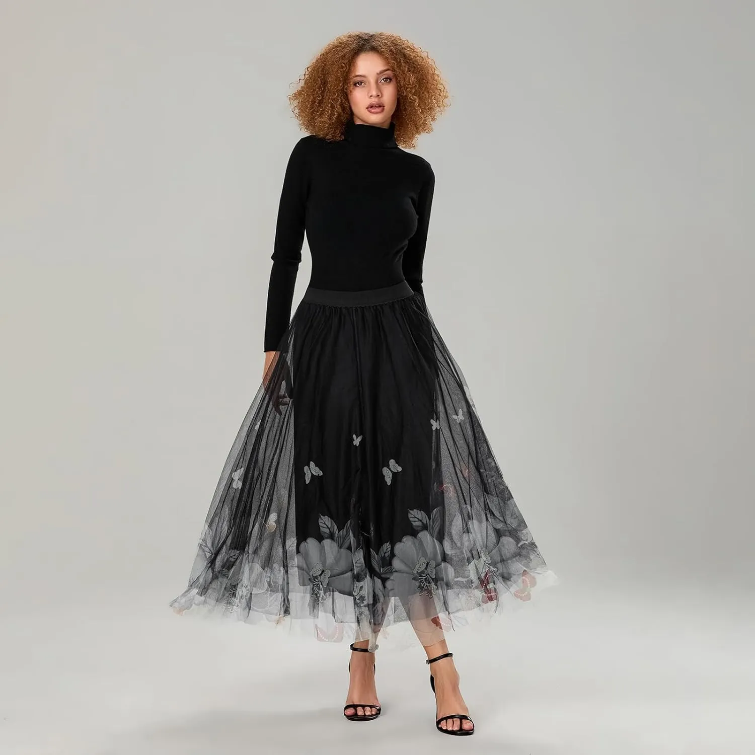 Women's Vintage Mesh Skirts Floral Butterfly Print Tulle Flared A-Line Pleated Midi Skirts High Waist Flowy Skirt