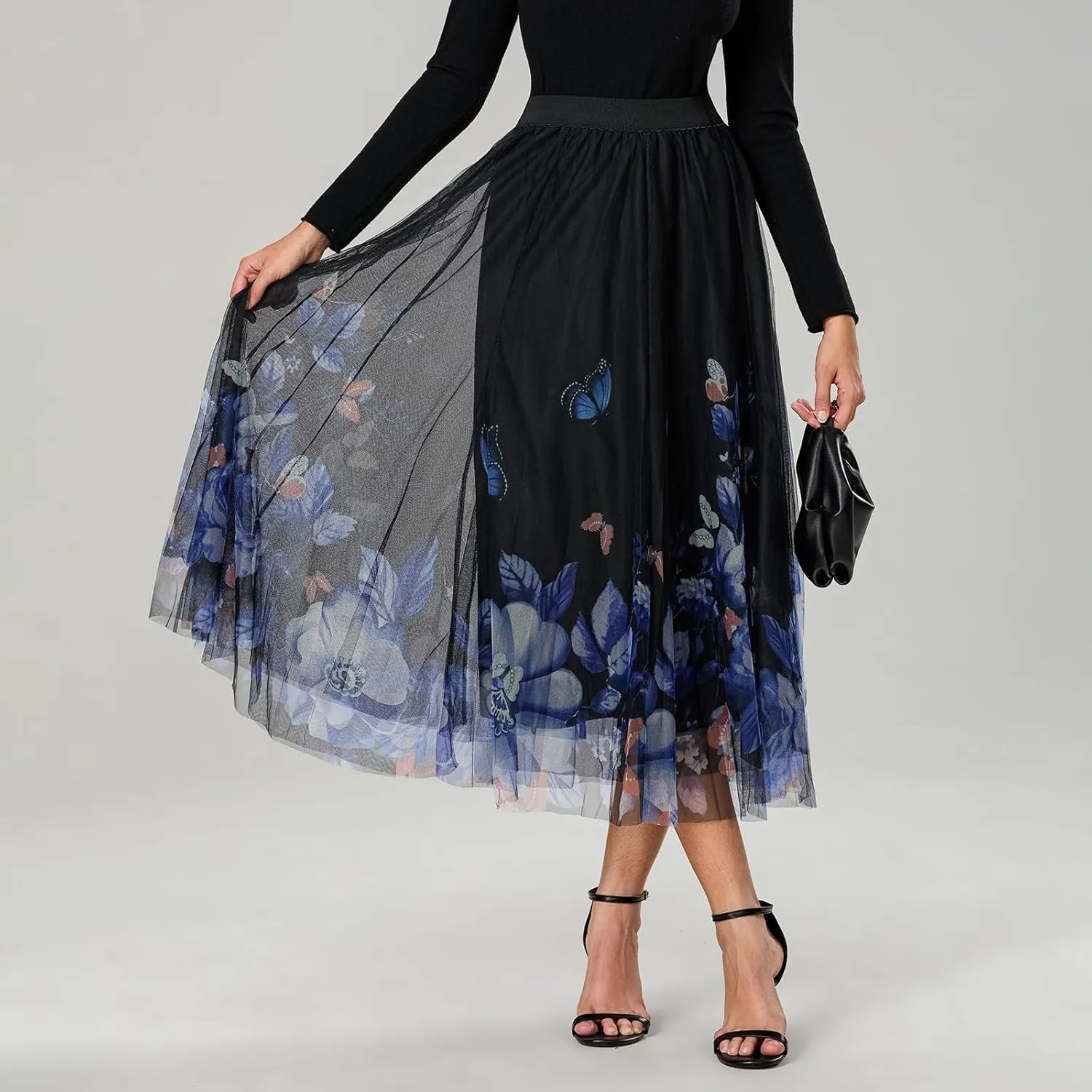 Women's Vintage Mesh Skirts Floral Butterfly Print Tulle Flared A-Line Pleated Midi Skirts High Waist Flowy Skirt