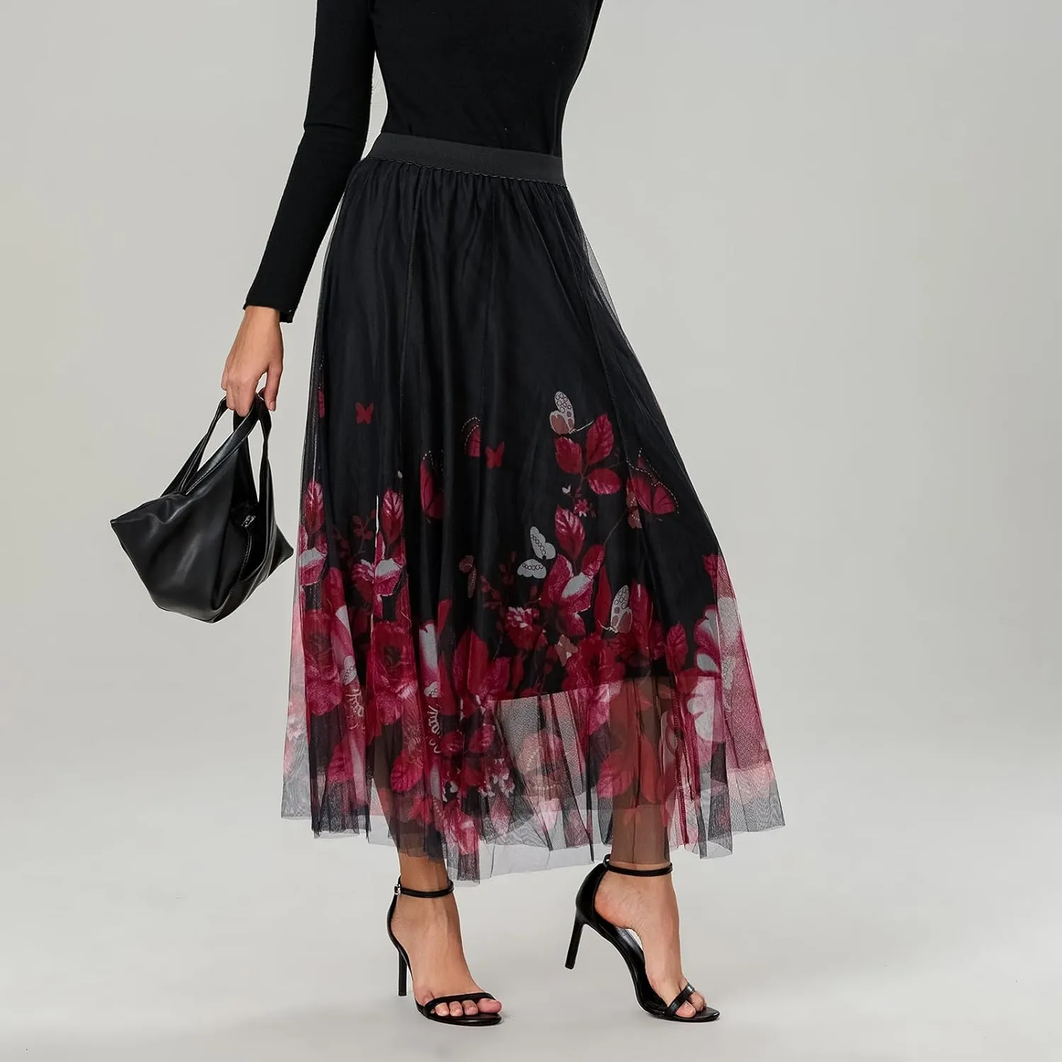 Women's Vintage Mesh Skirts Floral Butterfly Print Tulle Flared A-Line Pleated Midi Skirts High Waist Flowy Skirt