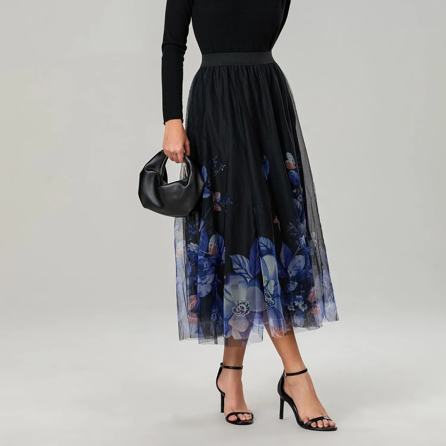 Women's Vintage Mesh Skirts Floral Butterfly Print Tulle Flared A-Line Pleated Midi Skirts High Waist Flowy Skirt