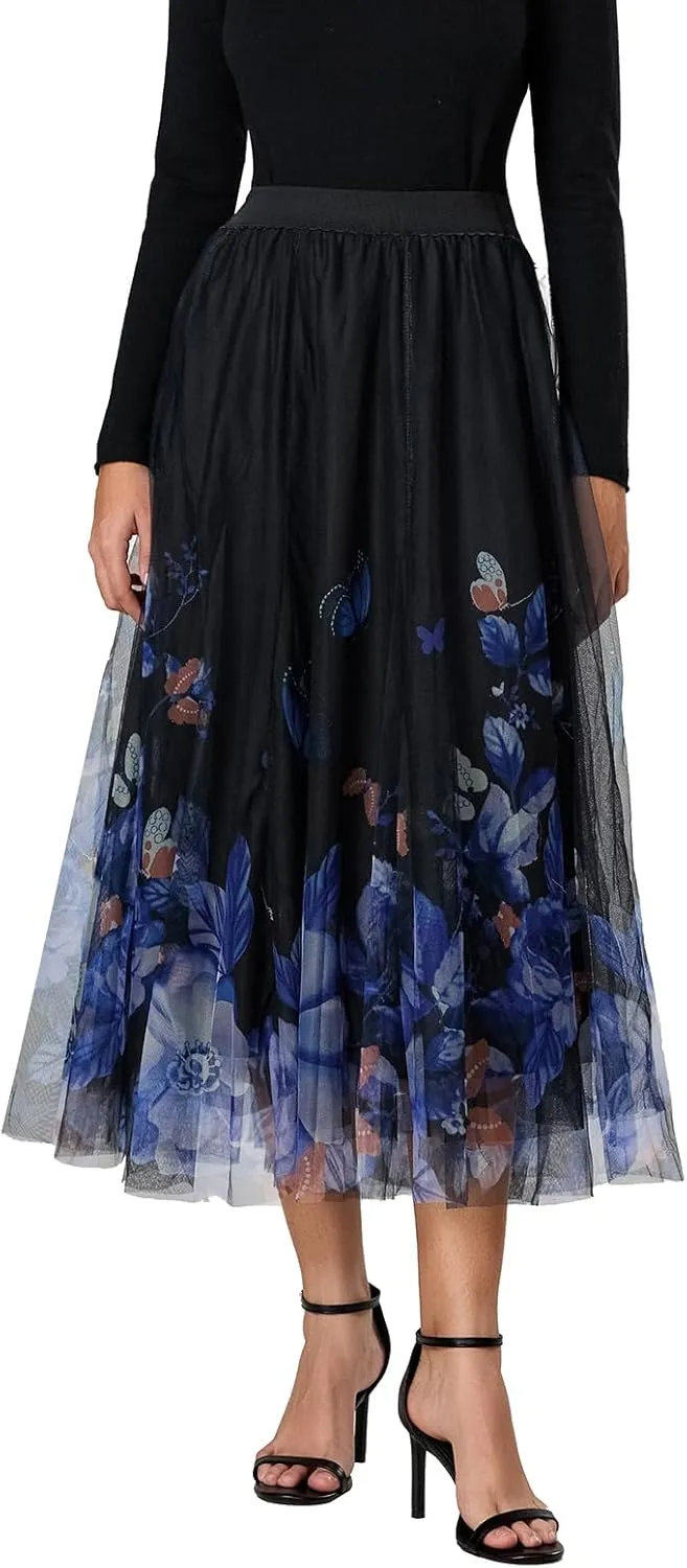 Women's Vintage Mesh Skirts Floral Butterfly Print Tulle Flared A-Line Pleated Midi Skirts High Waist Flowy Skirt
