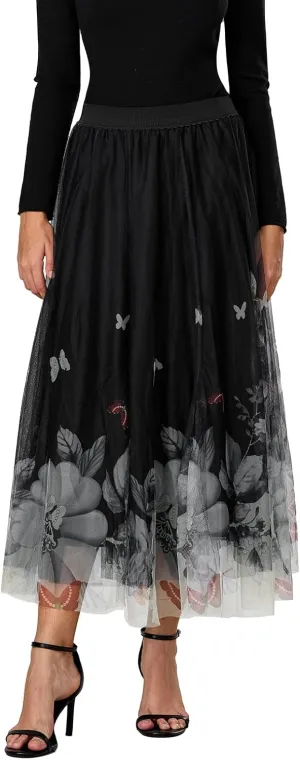 Women's Vintage Mesh Skirts Floral Butterfly Print Tulle Flared A-Line Pleated Midi Skirts High Waist Flowy Skirt