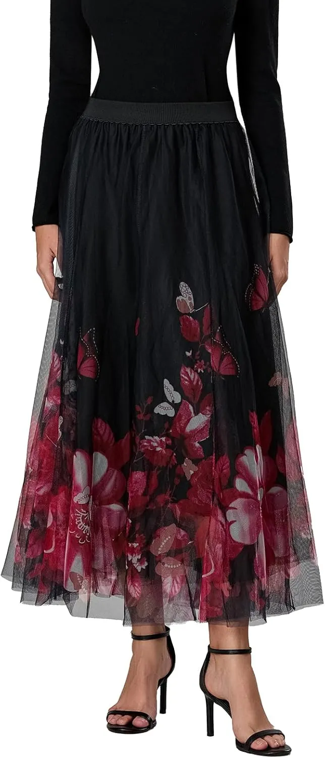 Women's Vintage Mesh Skirts Floral Butterfly Print Tulle Flared A-Line Pleated Midi Skirts High Waist Flowy Skirt