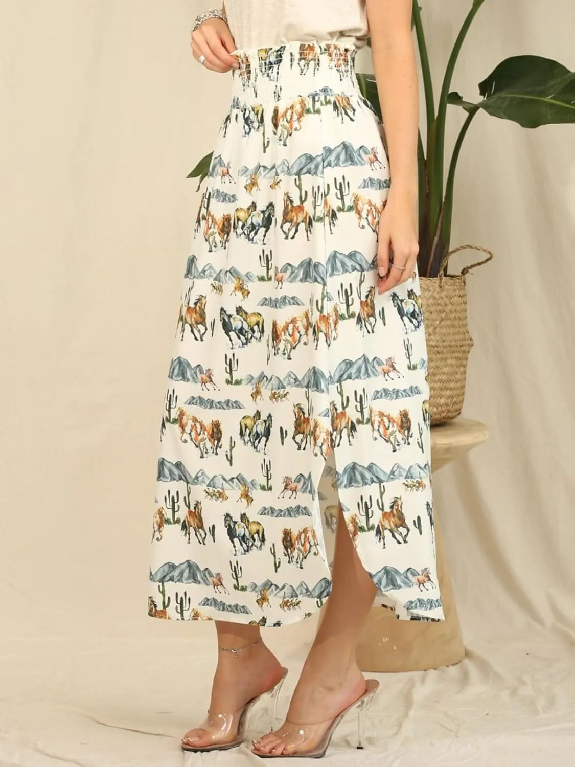 Womens Western Horse Desert Print Maxi Skirt Elastic Smock Waist Boho Long Skirt Side Split Aline Mini Dress