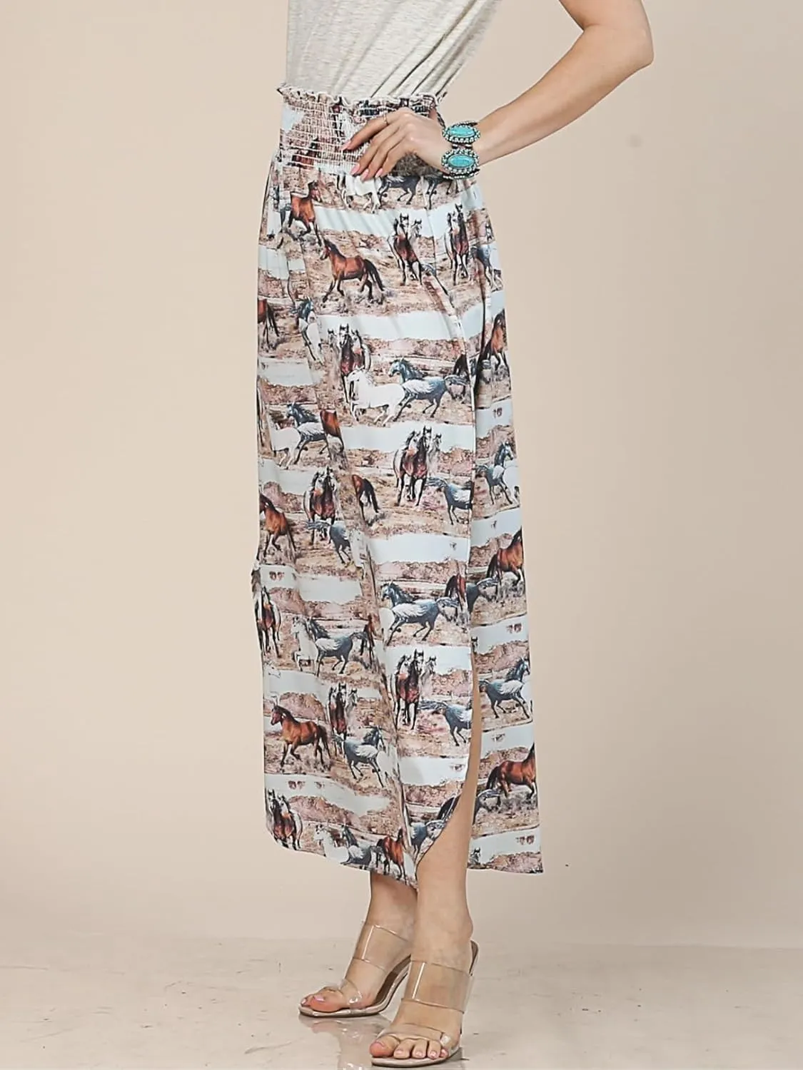 Womens Western Horse Desert Print Maxi Skirt Elastic Smock Waist Boho Long Skirt Side Split Aline Mini Dress