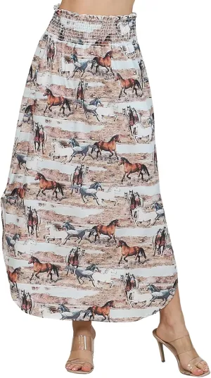 Womens Western Horse Desert Print Maxi Skirt Elastic Smock Waist Boho Long Skirt Side Split Aline Mini Dress
