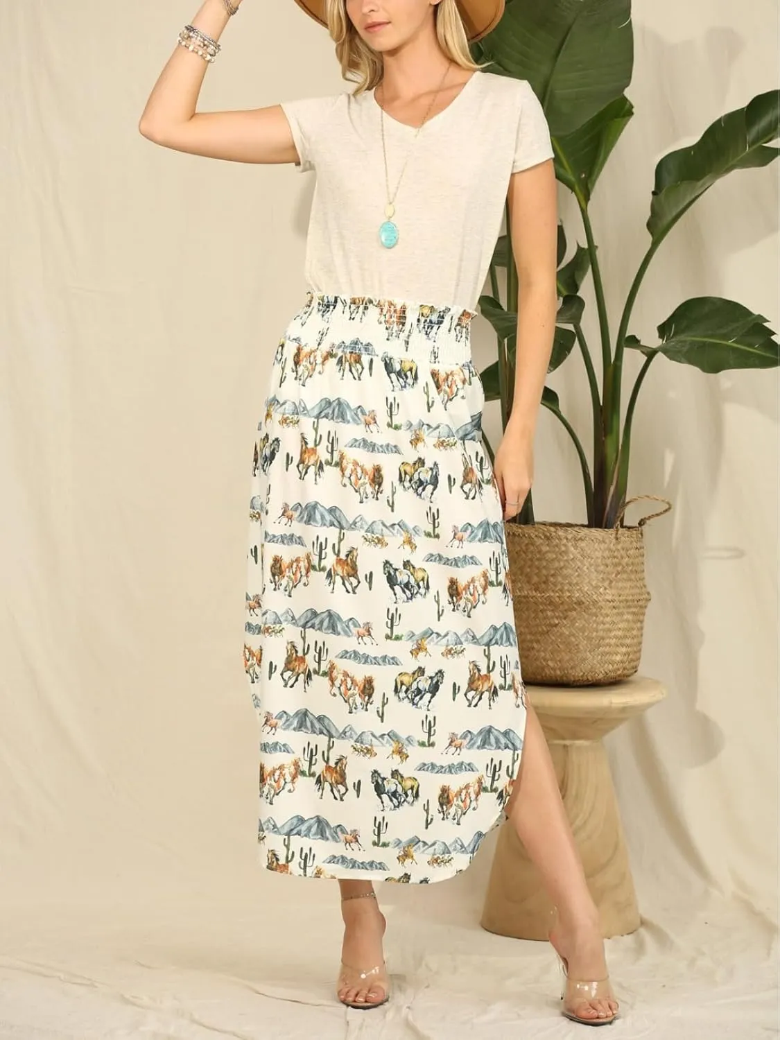 Womens Western Horse Desert Print Maxi Skirt Elastic Smock Waist Boho Long Skirt Side Split Aline Mini Dress