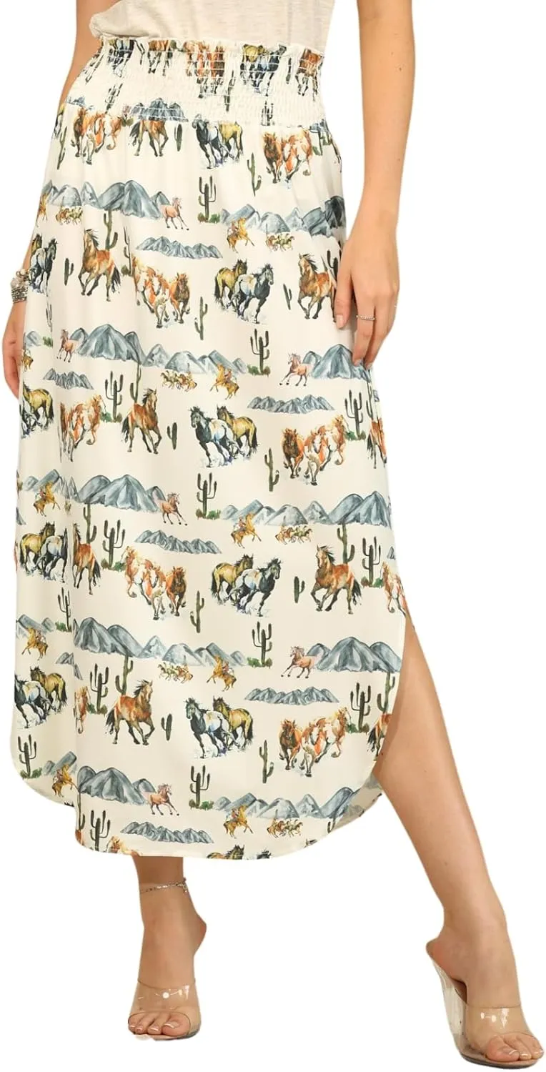 Womens Western Horse Desert Print Maxi Skirt Elastic Smock Waist Boho Long Skirt Side Split Aline Mini Dress