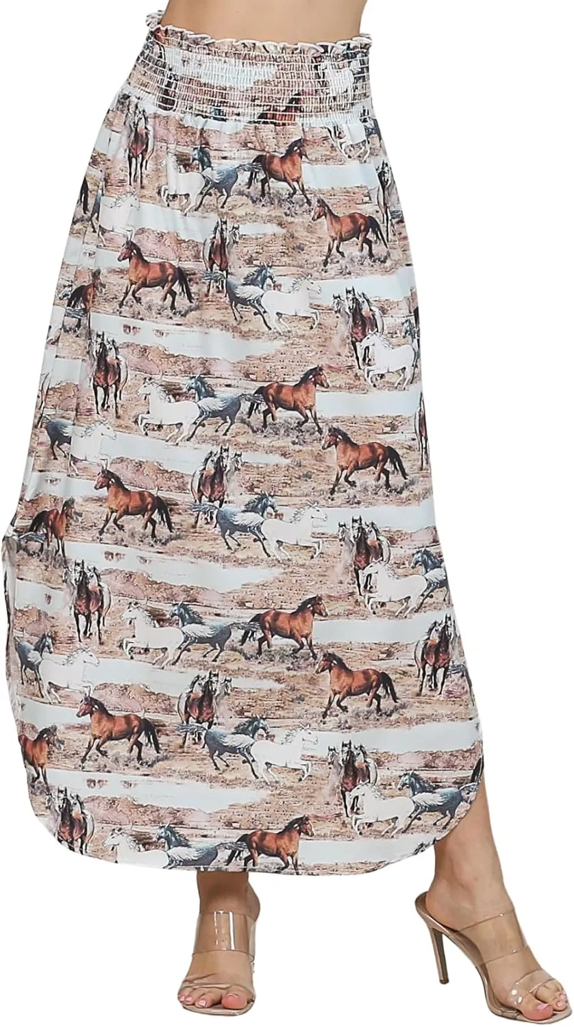 Womens Western Horse Desert Print Maxi Skirt Elastic Smock Waist Boho Long Skirt Side Split Aline Mini Dress