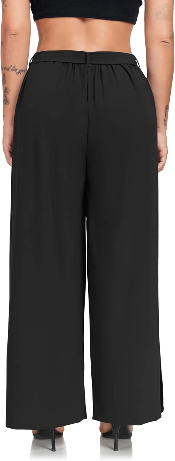 Women's Wide Leg Pants High Waist Tie Knot Front with Pockets Flowy Casual Palazzo Trousers