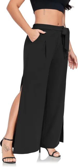 Women's Wide Leg Pants High Waist Tie Knot Front with Pockets Flowy Casual Palazzo Trousers