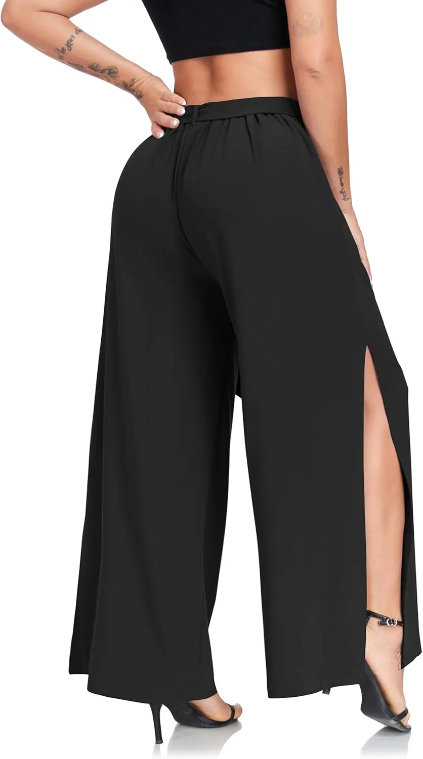 Women's Wide Leg Pants High Waist Tie Knot Front with Pockets Flowy Casual Palazzo Trousers