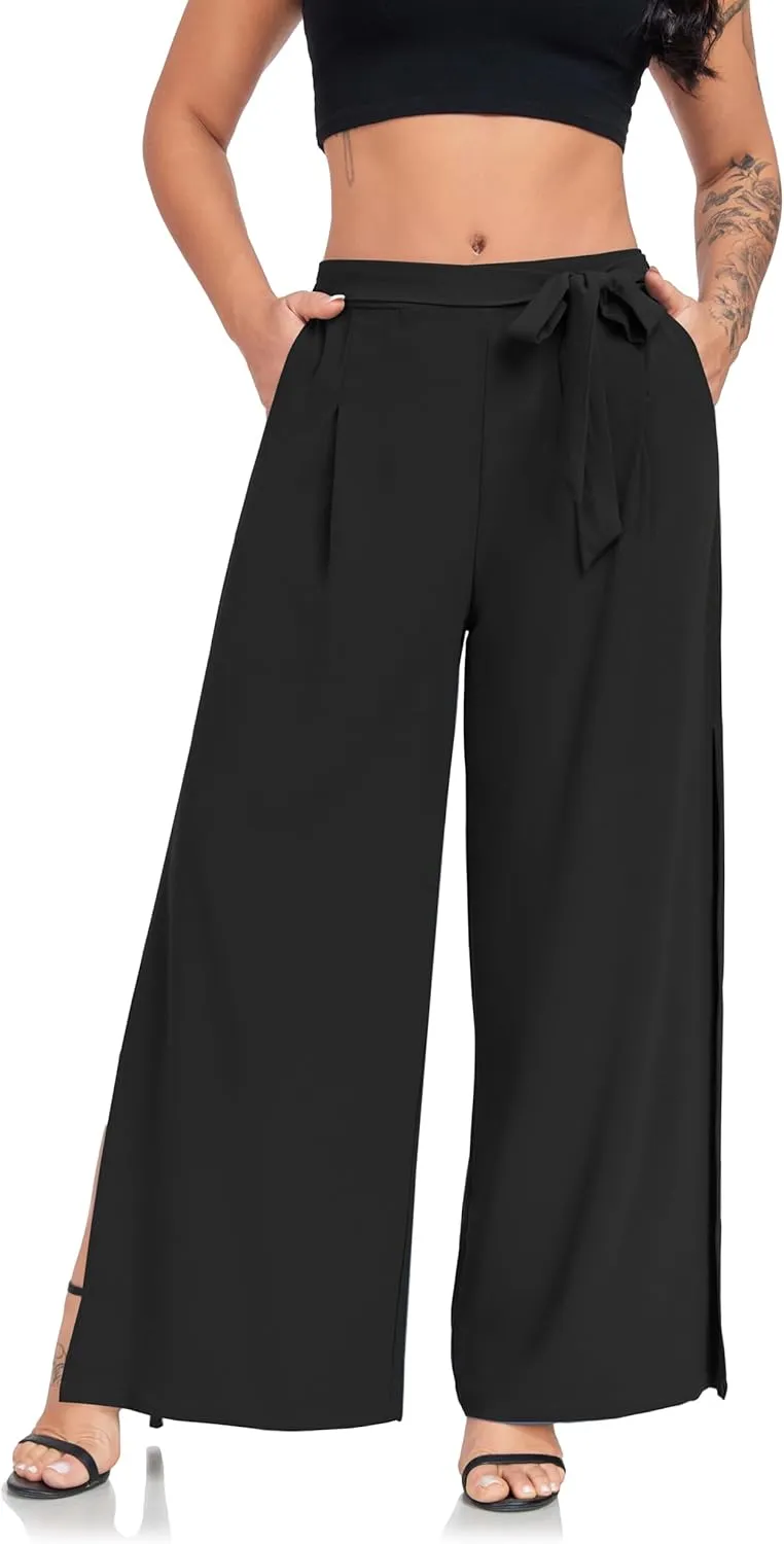 Women's Wide Leg Pants High Waist Tie Knot Front with Pockets Flowy Casual Palazzo Trousers