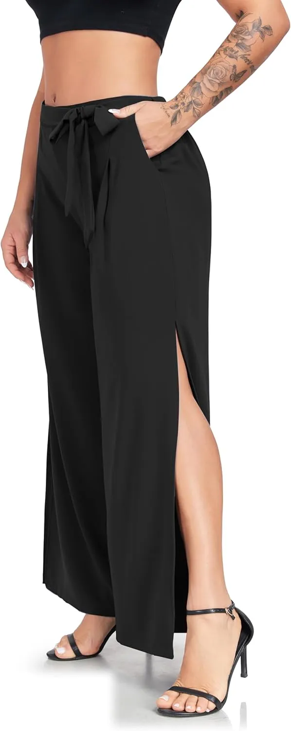 Women's Wide Leg Pants High Waist Tie Knot Front with Pockets Flowy Casual Palazzo Trousers