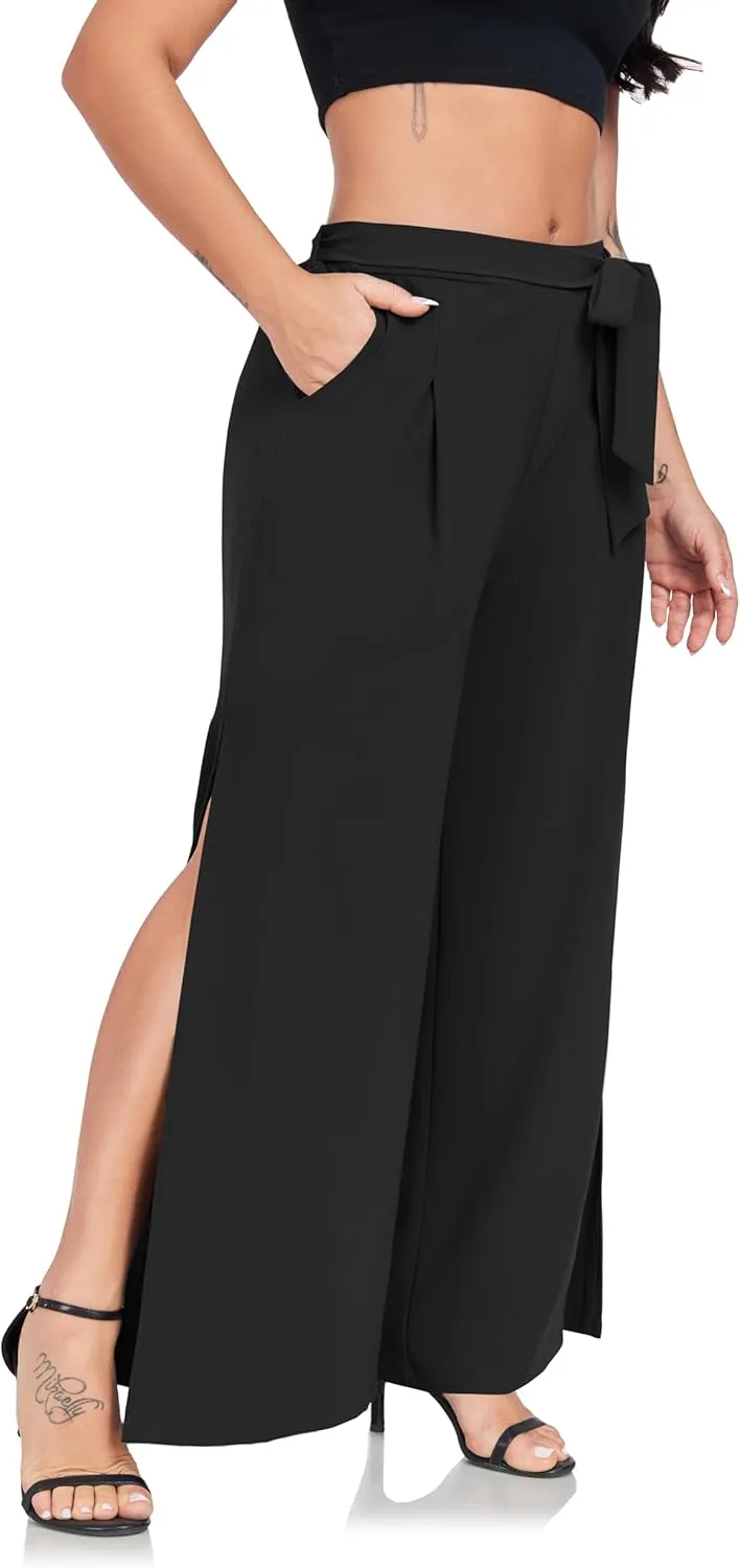 Women's Wide Leg Pants High Waist Tie Knot Front with Pockets Flowy Casual Palazzo Trousers