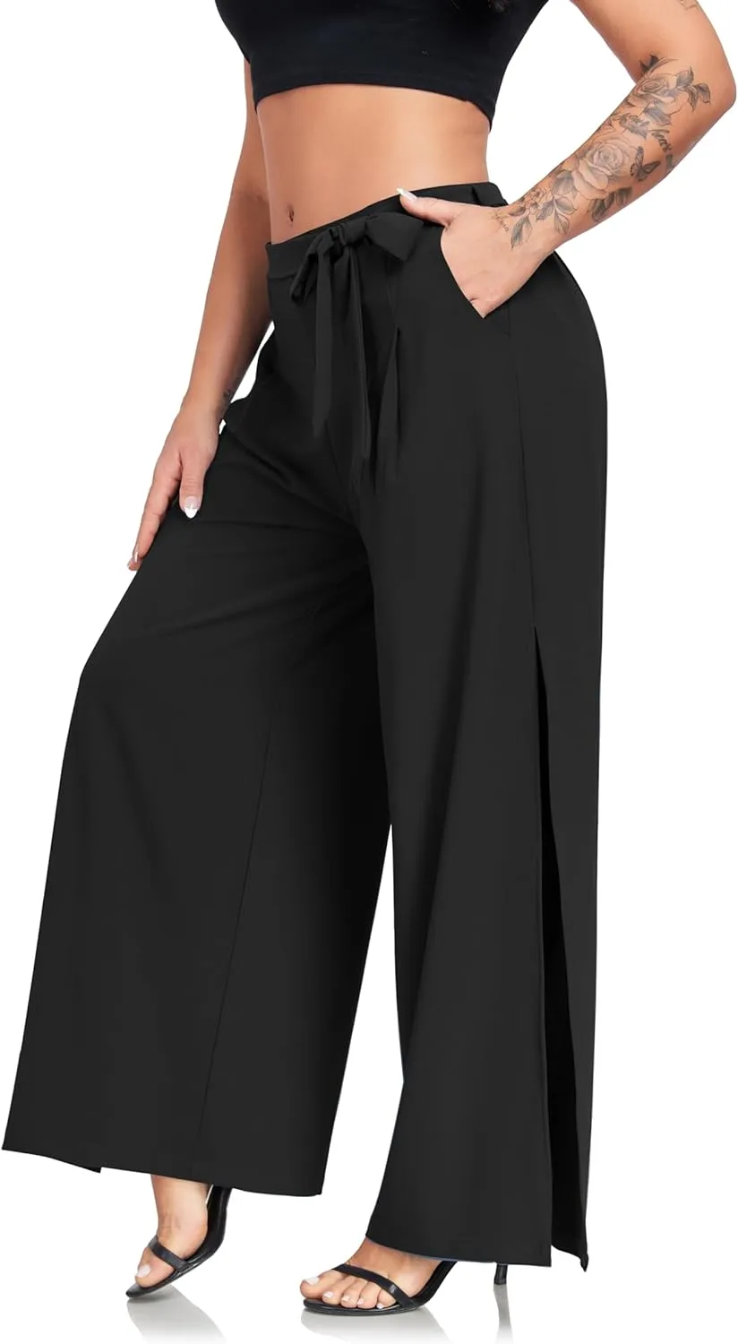 Women's Wide Leg Pants High Waist Tie Knot Front with Pockets Flowy Casual Palazzo Trousers