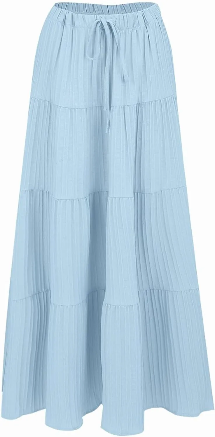 XOWRTE Women's Flowy Flared Ruffle Boho Long Skirt Summer Maxi Skirt A-Line Fashion Trendy Elastic Waist Pleated Beach Dress