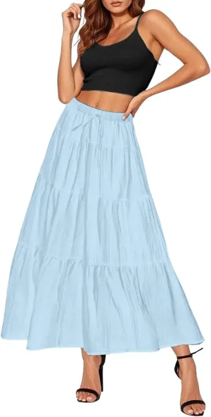 XOWRTE Women's Flowy Flared Ruffle Boho Long Skirt Summer Maxi Skirt A-Line Fashion Trendy Elastic Waist Pleated Beach Dress