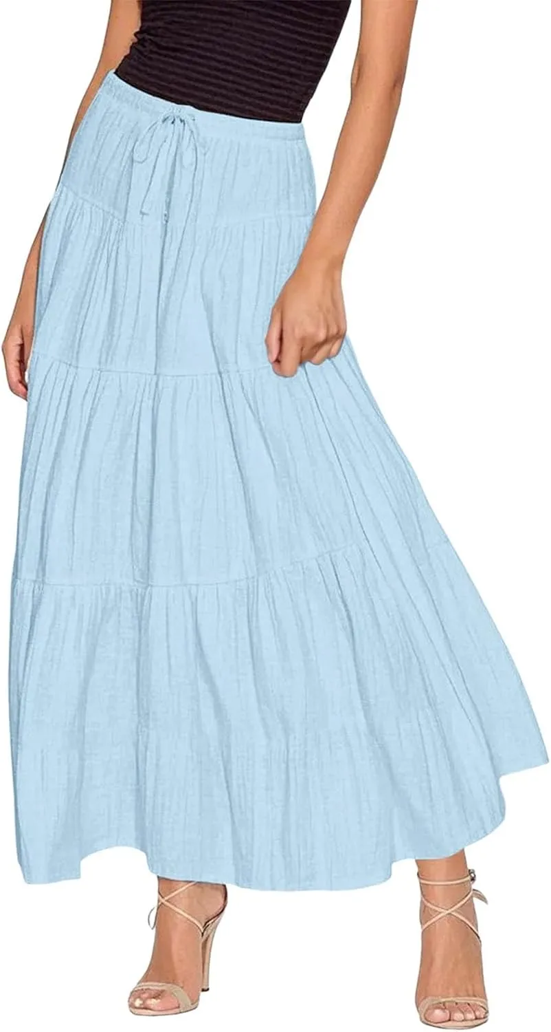 XOWRTE Women's Flowy Flared Ruffle Boho Long Skirt Summer Maxi Skirt A-Line Fashion Trendy Elastic Waist Pleated Beach Dress