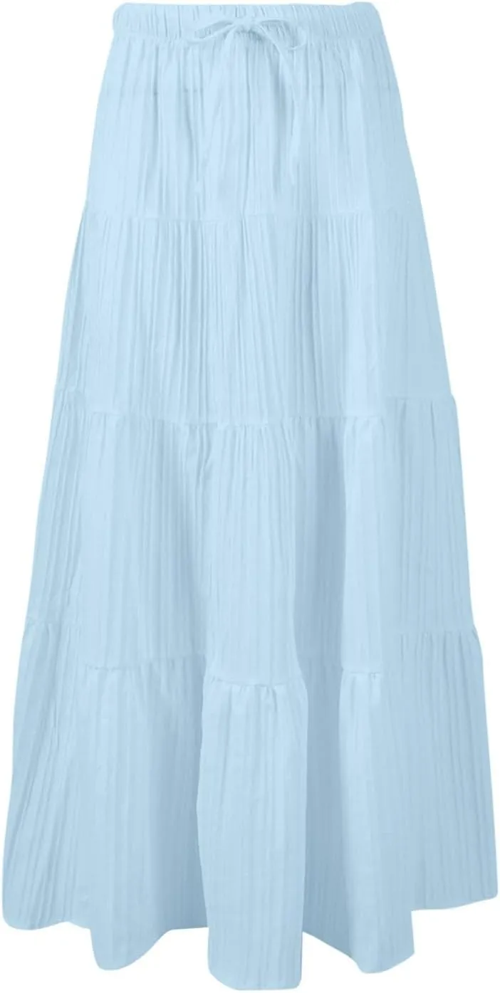 XOWRTE Women's Flowy Flared Ruffle Boho Long Skirt Summer Maxi Skirt A-Line Fashion Trendy Elastic Waist Pleated Beach Dress
