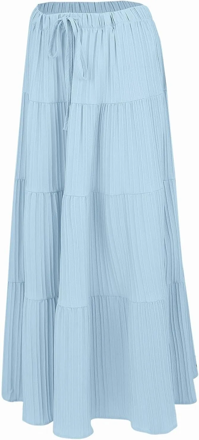 XOWRTE Women's Flowy Flared Ruffle Boho Long Skirt Summer Maxi Skirt A-Line Fashion Trendy Elastic Waist Pleated Beach Dress