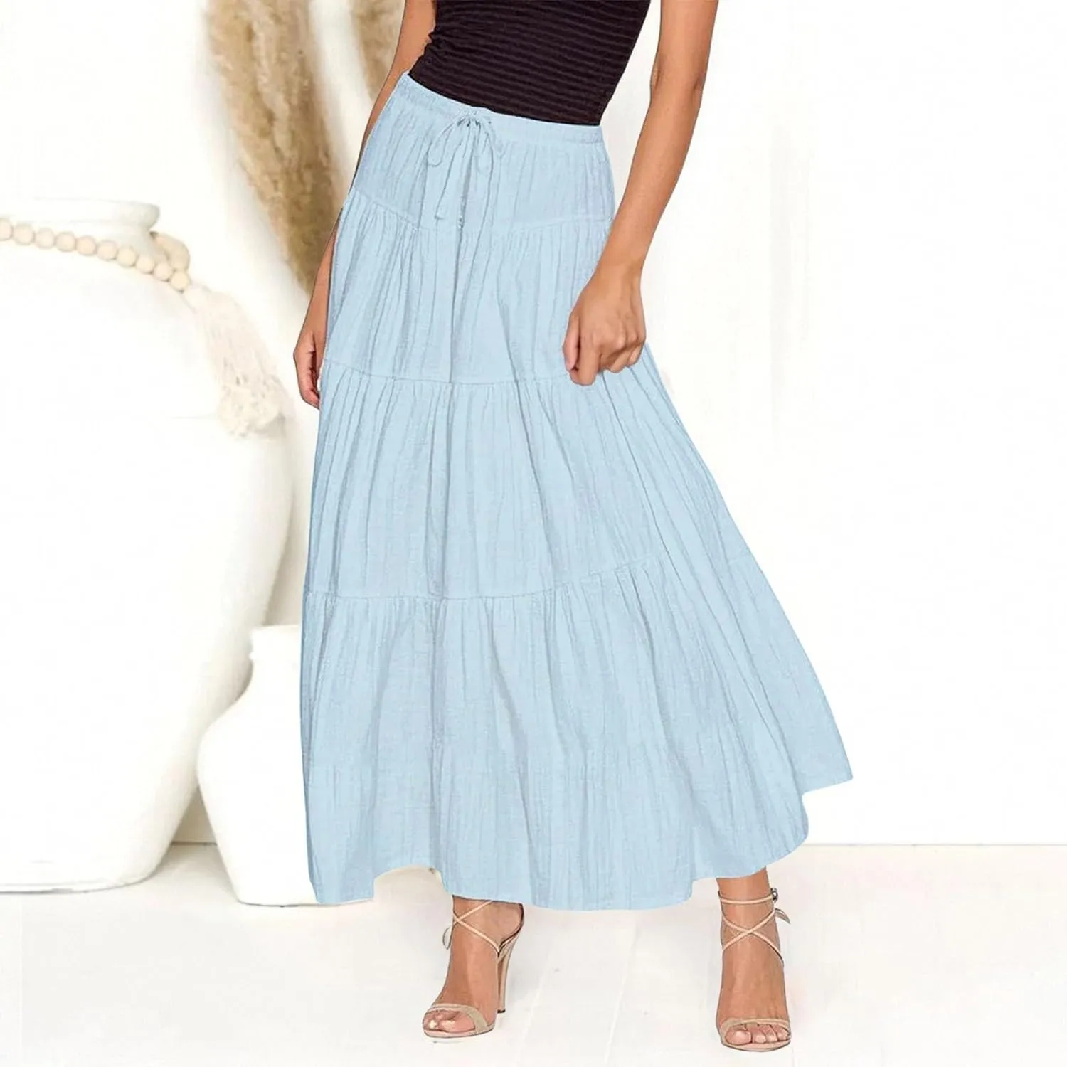 XOWRTE Women's Flowy Flared Ruffle Boho Long Skirt Summer Maxi Skirt A-Line Fashion Trendy Elastic Waist Pleated Beach Dress