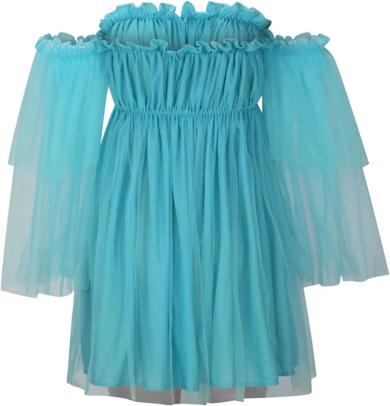 XUNRYAN Women's Romantic Cute Off Shoulder Flounce Long Sleeve Wedding Ruffle Mesh Party Mini Dress Beach Sundress