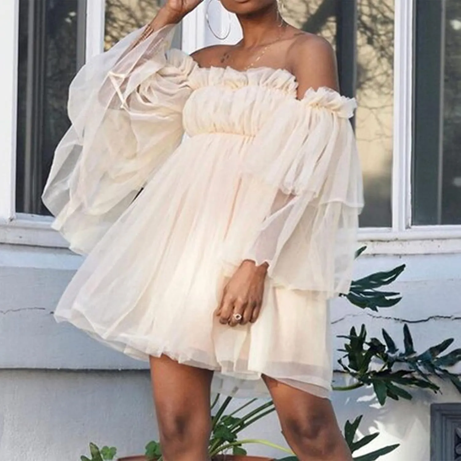 XUNRYAN Women's Romantic Cute Off Shoulder Flounce Long Sleeve Wedding Ruffle Mesh Party Mini Dress Beach Sundress