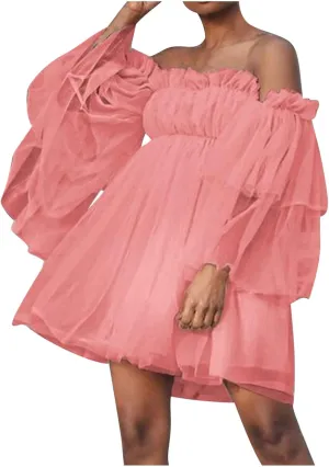 XUNRYAN Women's Romantic Cute Off Shoulder Flounce Long Sleeve Wedding Ruffle Mesh Party Mini Dress Beach Sundress