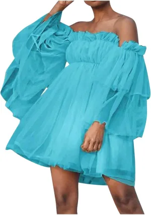 XUNRYAN Women's Romantic Cute Off Shoulder Flounce Long Sleeve Wedding Ruffle Mesh Party Mini Dress Beach Sundress