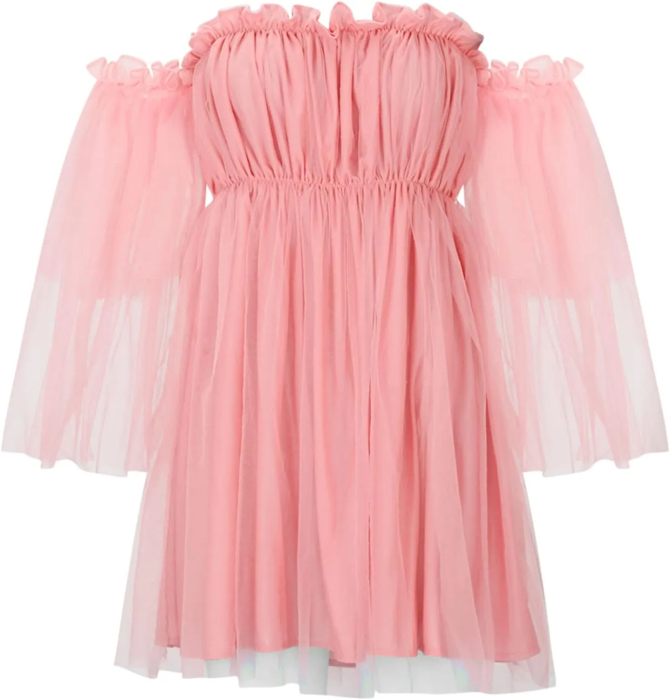 XUNRYAN Women's Romantic Cute Off Shoulder Flounce Long Sleeve Wedding Ruffle Mesh Party Mini Dress Beach Sundress