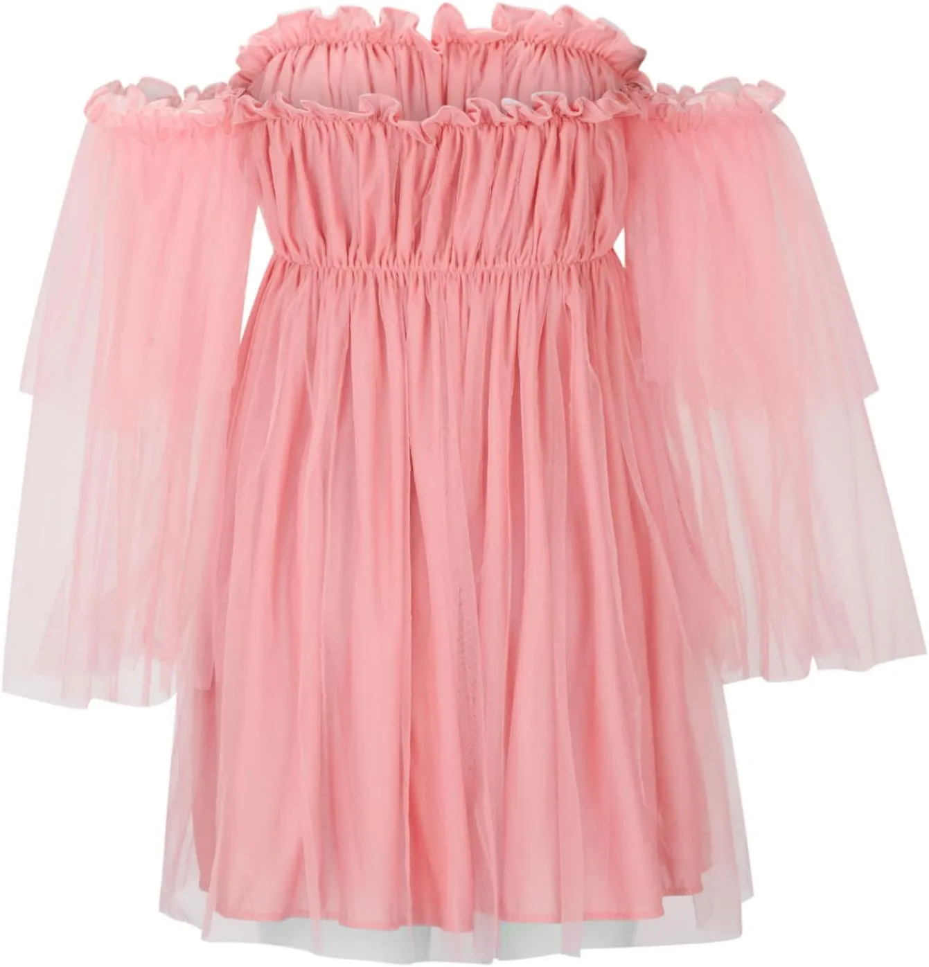 XUNRYAN Women's Romantic Cute Off Shoulder Flounce Long Sleeve Wedding Ruffle Mesh Party Mini Dress Beach Sundress
