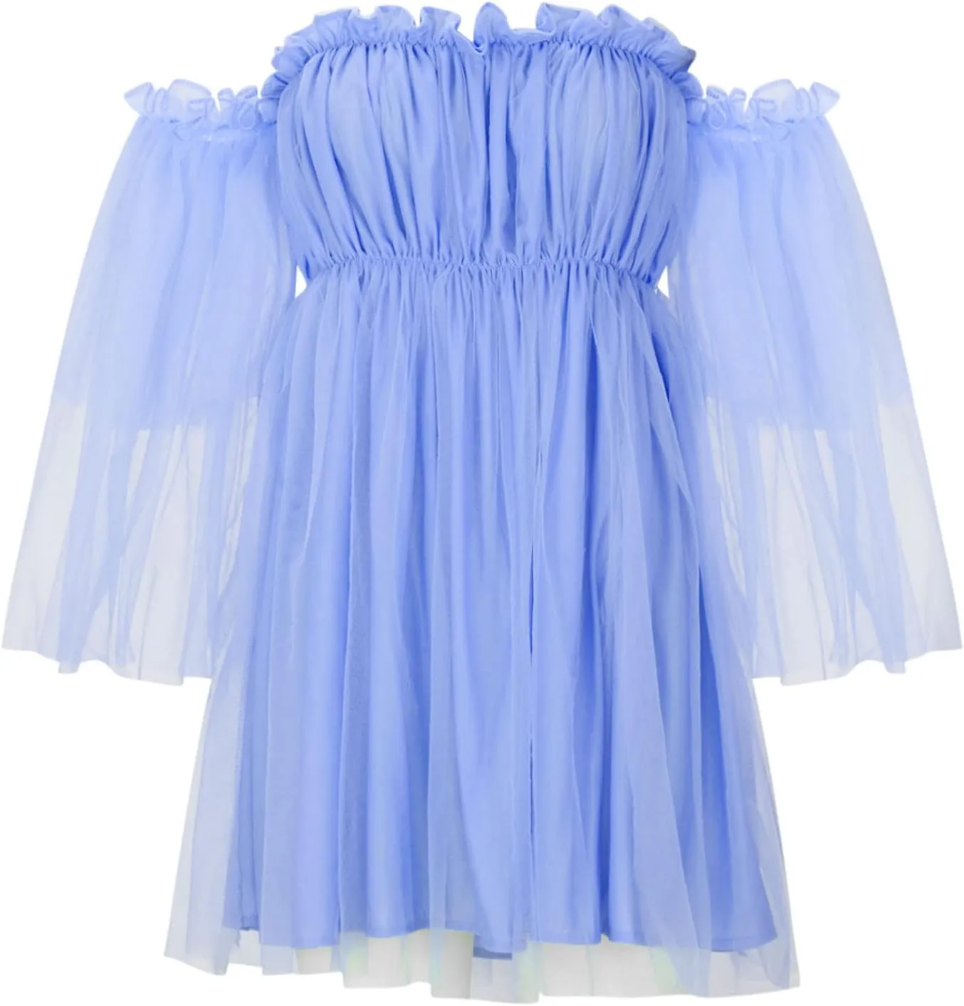 XUNRYAN Women's Romantic Cute Off Shoulder Flounce Long Sleeve Wedding Ruffle Mesh Party Mini Dress Beach Sundress